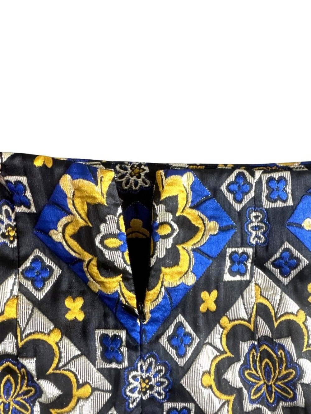 LOFT Petite Metallic Jacquard Mini Skirt Blue Gold Tile Print Size OP Preppy - Picture 8 of 8